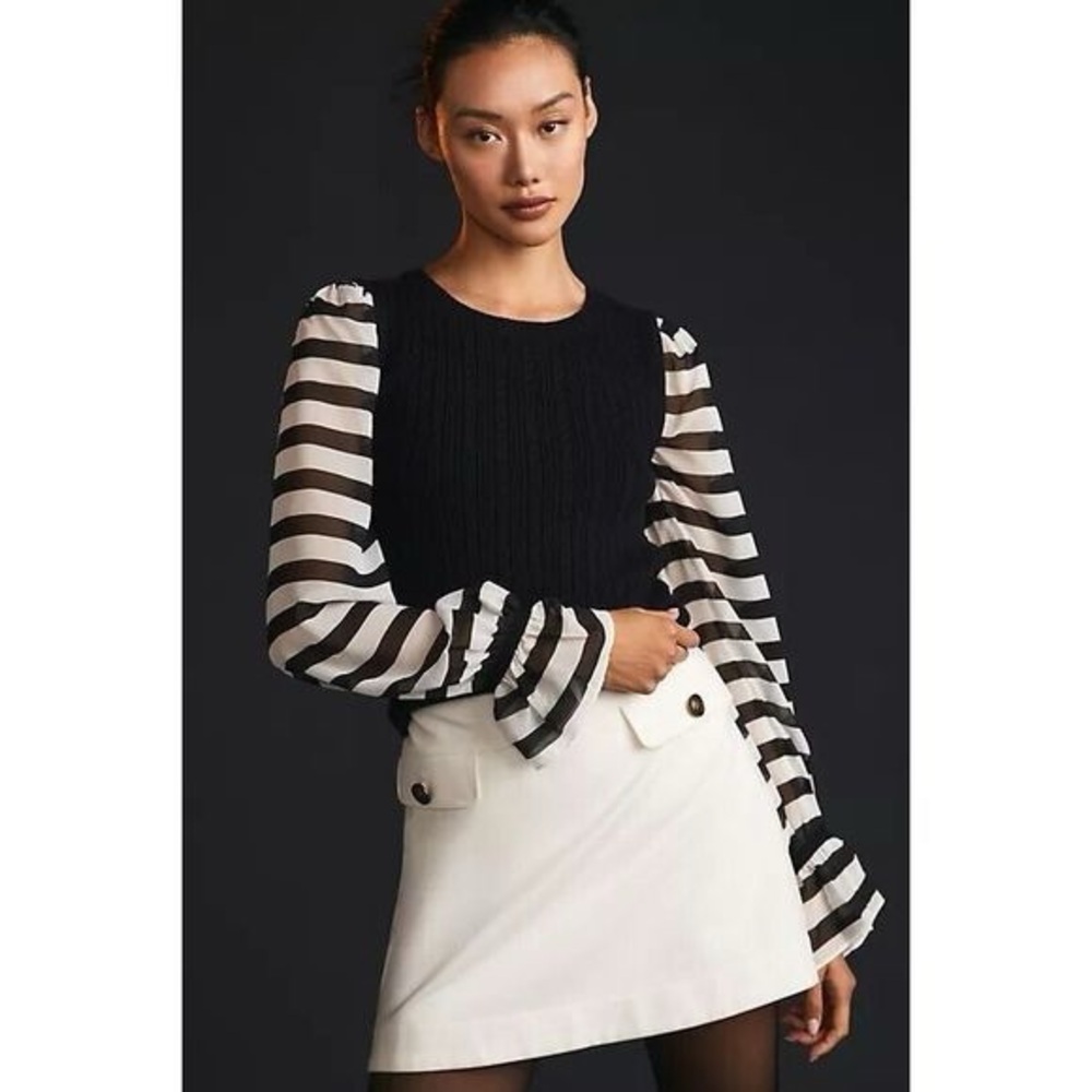 Maeve by Anthropologie Black and White Striped Sleeve Sweater Top Size X Small